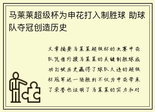 马莱莱超级杯为申花打入制胜球 助球队夺冠创造历史
